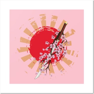 Katana sword and blooming sakura Posters and Art